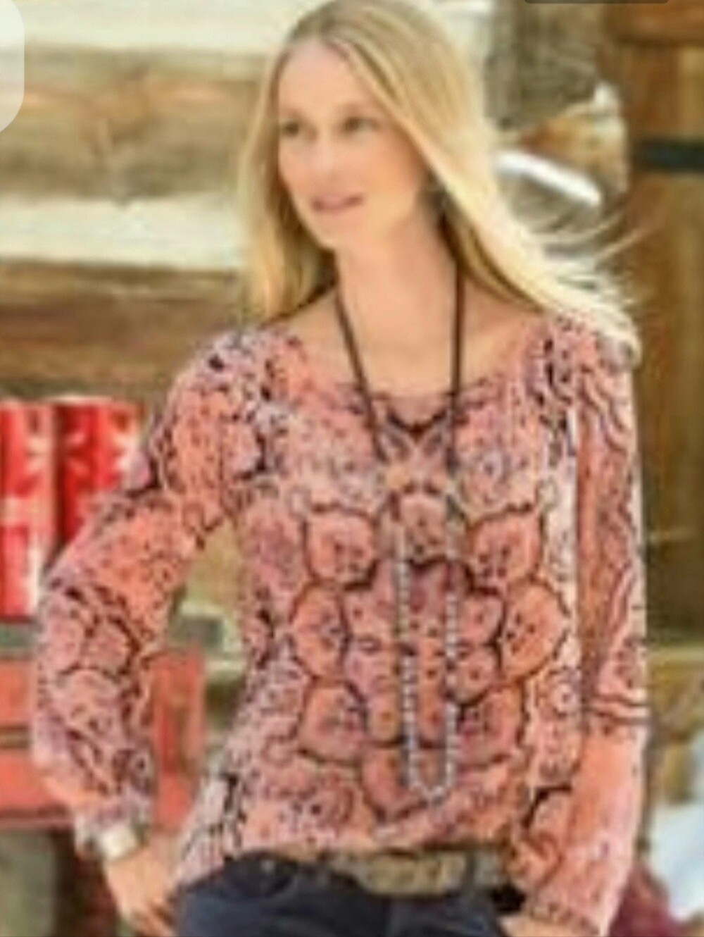 Women's Orange  Patterned Long-Sleeve Blouse